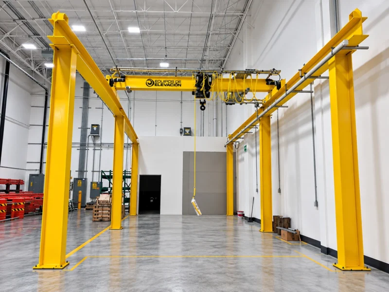 Grúa pórtico amarilla en almacén industrial